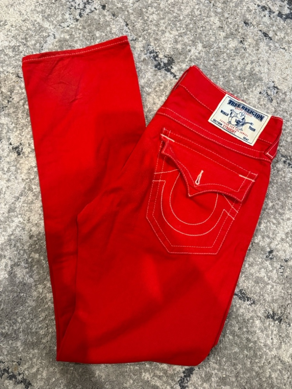 True Religion Bright Red Denim Jeans with Contrast Stitching